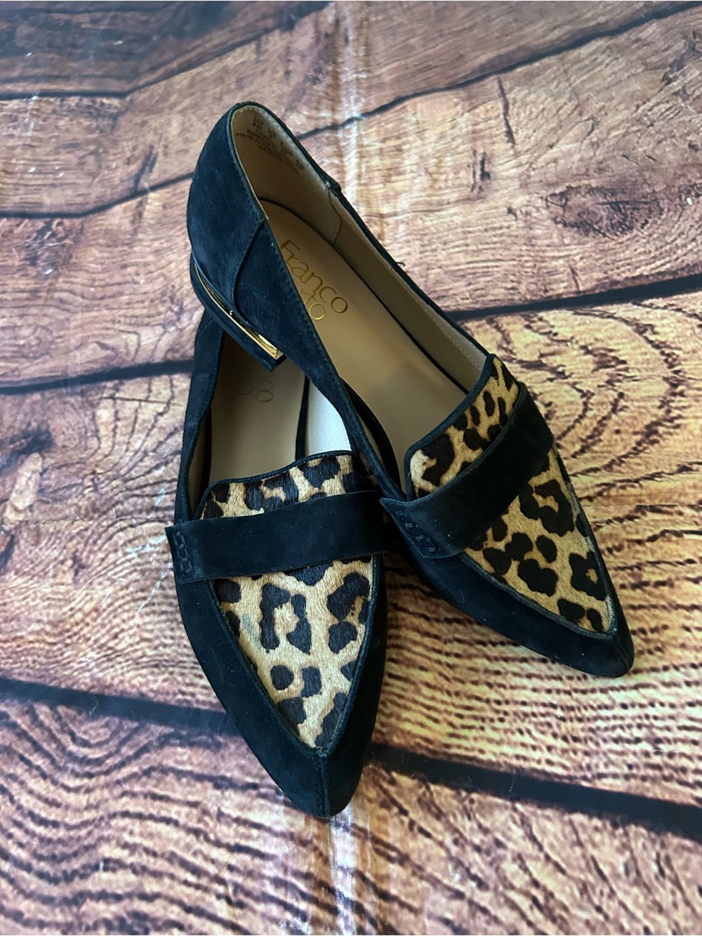 Franco Sarto Calf Hair Leopard Print Tassel Loafers Black Brown Leather Size 8